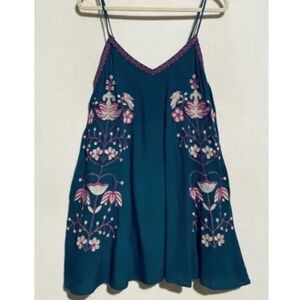 Entro Slip Dress Womens Teal Blue Boho Embroidered V Neck Flowy Boho Sz Med
